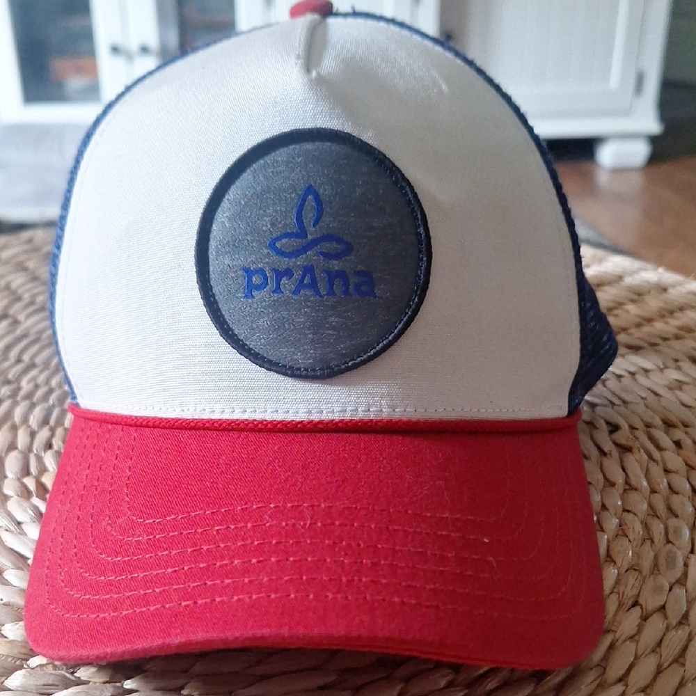 Prana Red and Cream Trucker Hat with Blue Logo